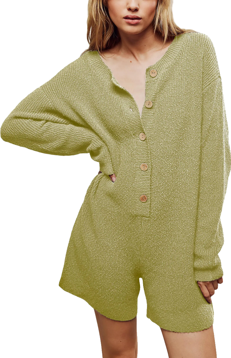 Yeokou Womens Knit Sweater Rompers Casual Long Sleeve Crewneck Button Down Mater