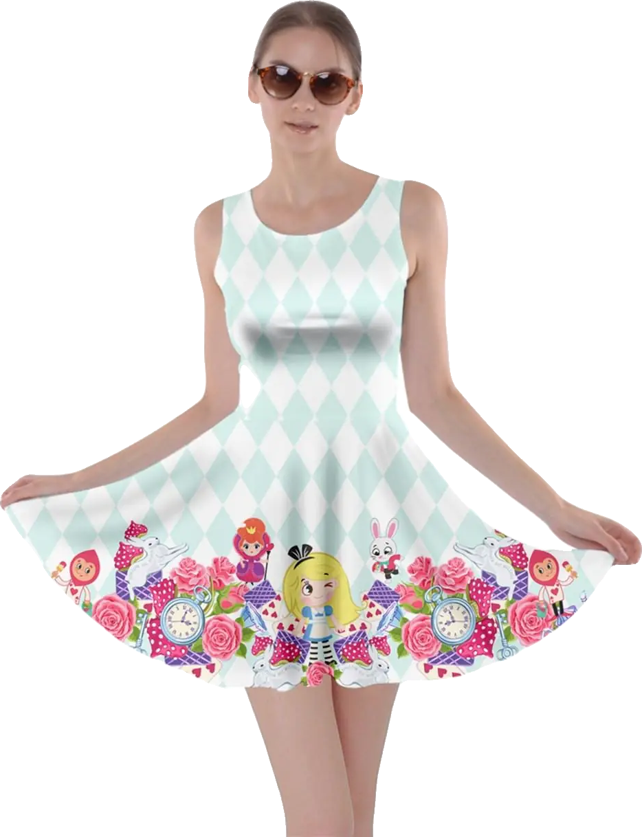 Womens Summer Dress Alice Wonderland Rabbit Harlequin Print Skater Dress - S