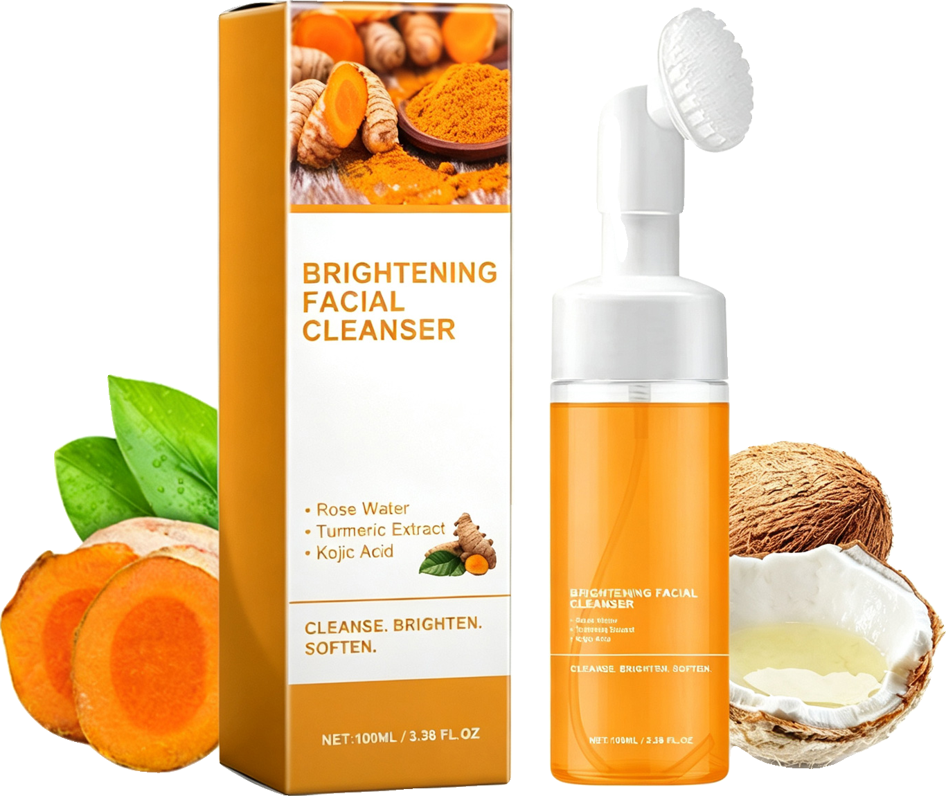 Turmeric Brightening Facial Cleanser Foam With Built-in Brush, Deep Pore Cleansing, Moistu