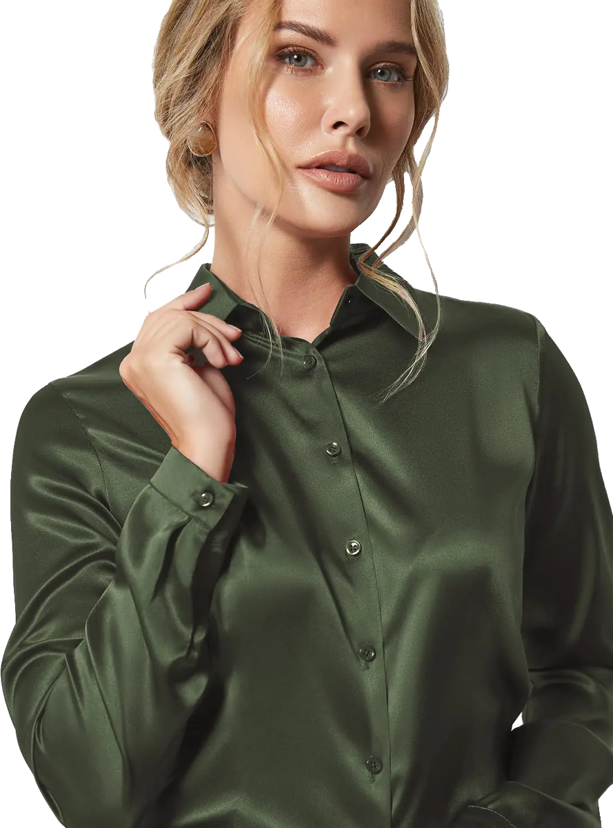 Womens Blouse Satin Silk Shirts Button Down Shirts Casual Loose Long Sleeve Offi