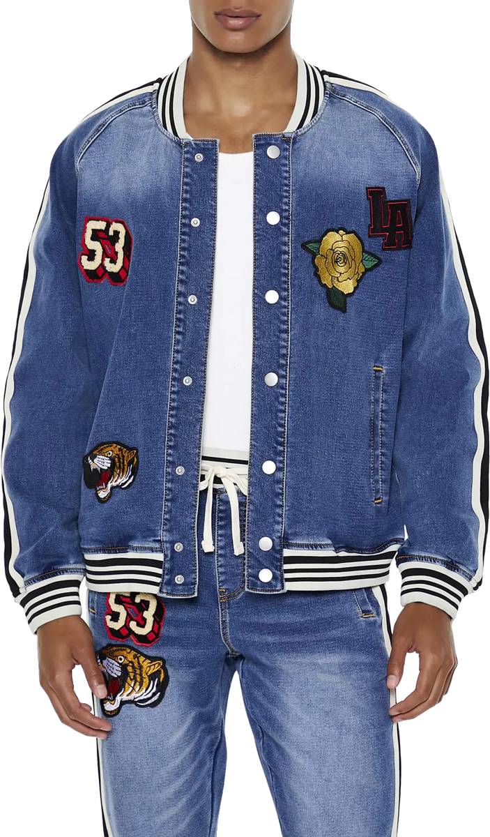 Forever 21 Mens Patch Bomber Jacket Medium Denim XX-Large