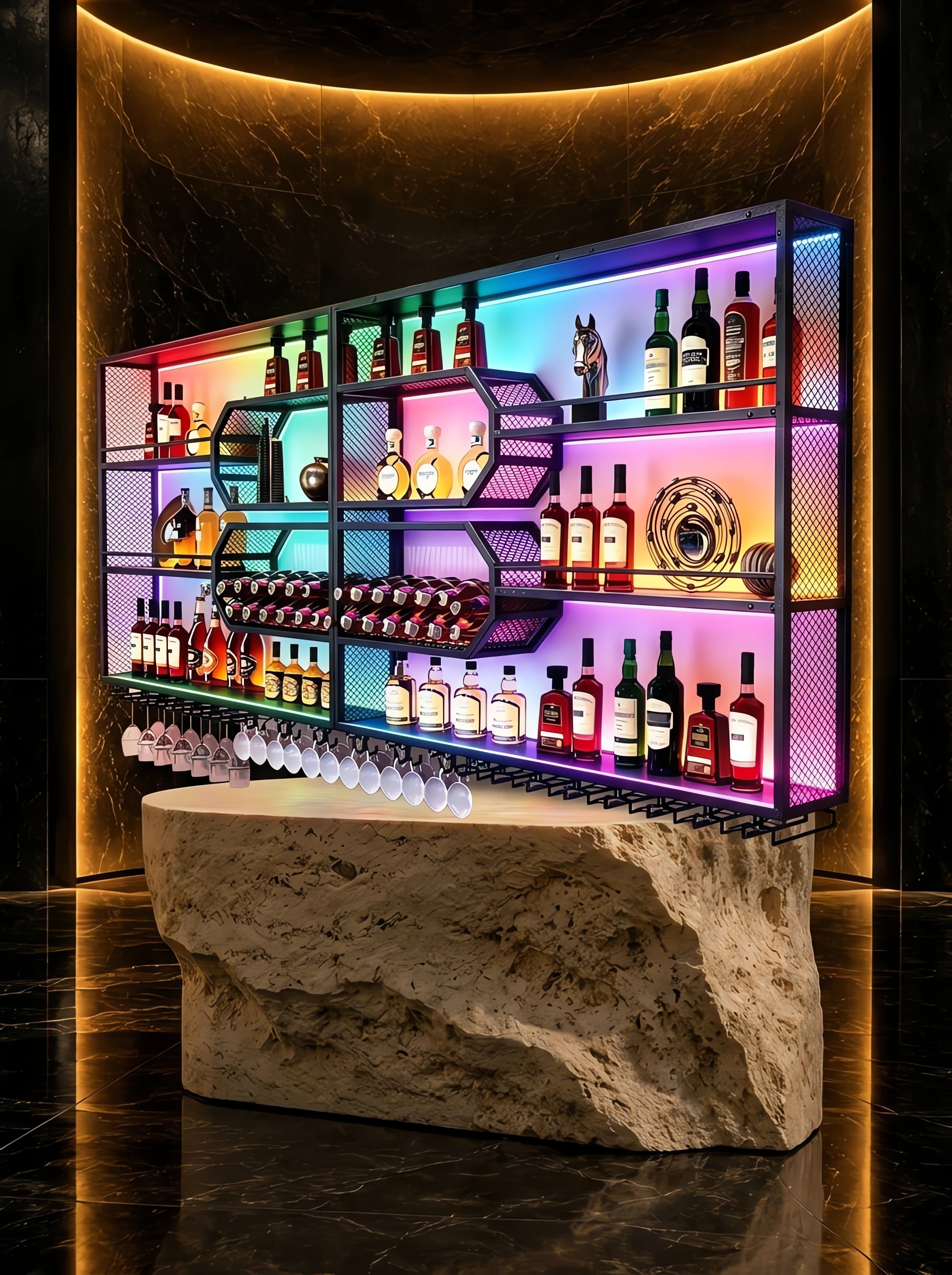 71" Wall Mounted Liquor Shelves with 24-Color LED Lights, Bar Shelves