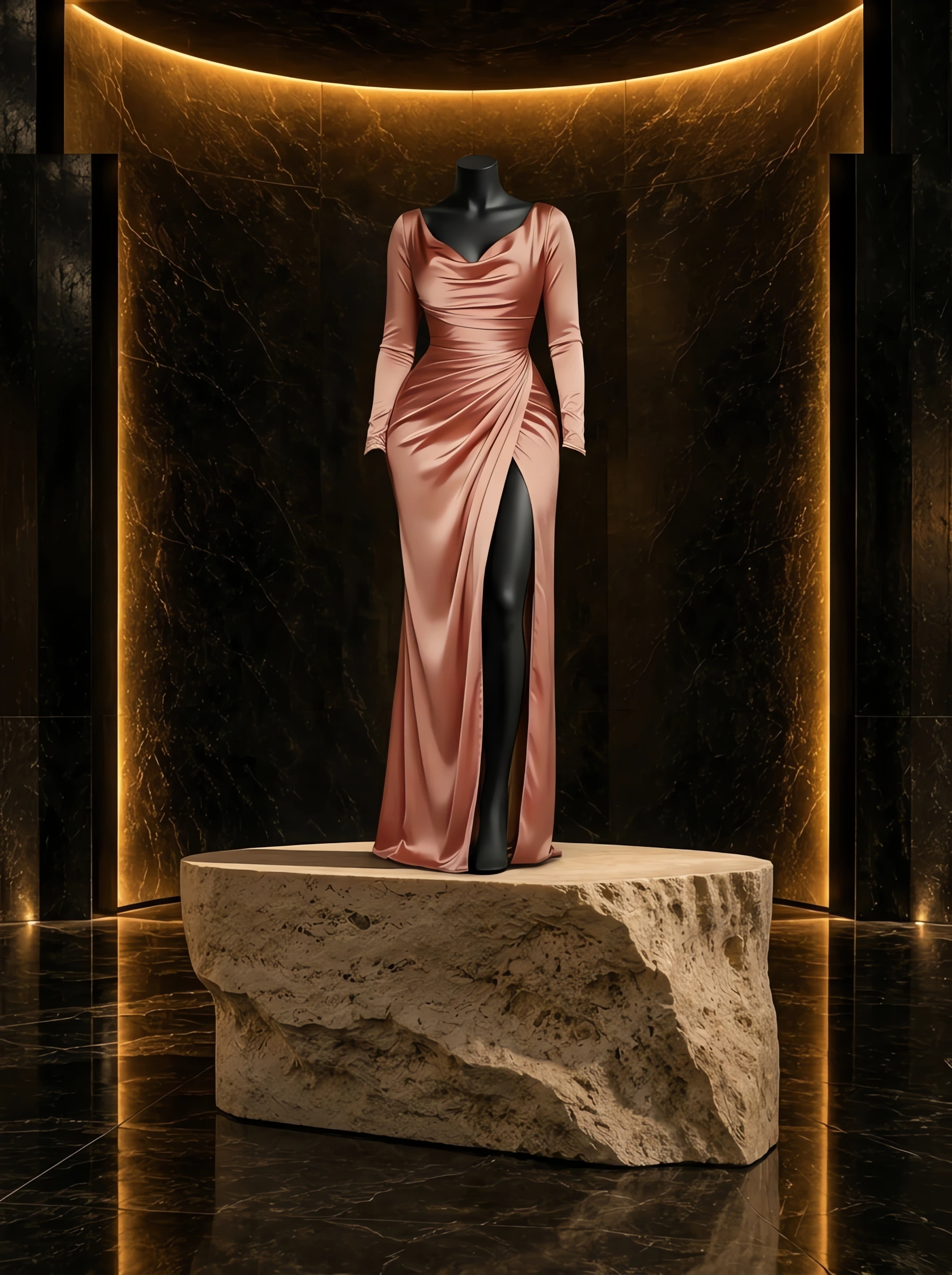 Full Size Elegant Satin Cowl Neck Long Sleeve High Slit Evening Dress Plus Size