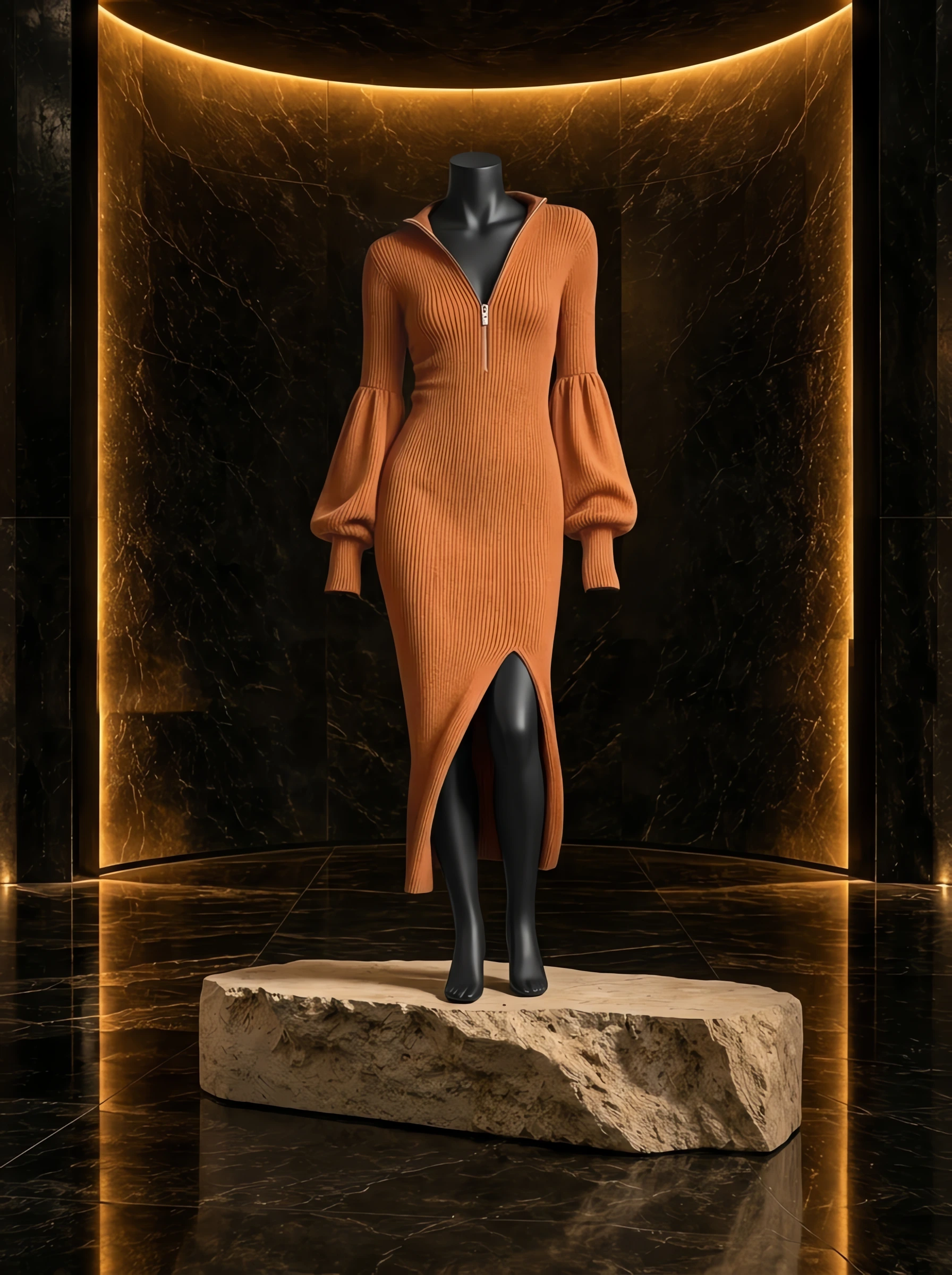 Ribbed Knit Quarter-Zip Lantern Sleeve Sweater Dress